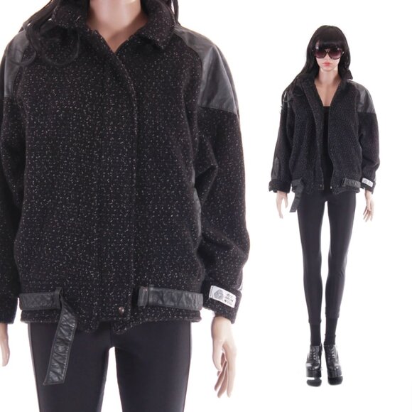 Wool and Leather Jacket Black Slouchy Batwing 80s 90s Oversized Vintage Winter - Picture 1 of 5